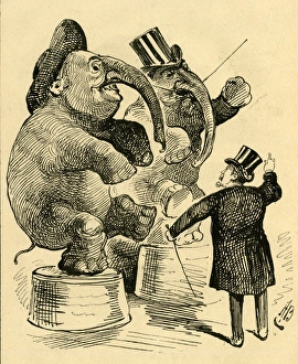 Cartoon, ringmaster and performing elephants Cartoon, ringmaster and performing elephants