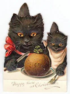 Fork Gallery: Cat and kitten with pudding on a cutout Christmas card