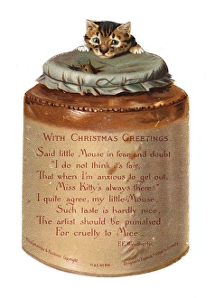 Cat and mouse on a pot-shaped Christmas card Cat and mouse on a pot-shaped Christmas card