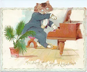 Cat playing the piano on a Christmas card Cat playing the piano on a Christmas card