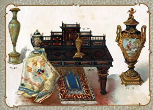 Catalogue illustration, carpets, vases, desk Catalogue illustration, carpets, vases, desk