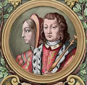 Isabella Gallery: Catholic Kings, Isabella and Ferdinand. Spain. Colored engra