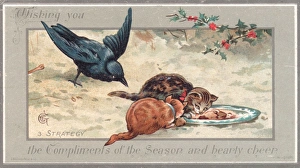 Two cats and a bird on a New Year card Two cats and a bird on a New Year card
