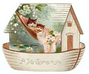 <b class=qtipBold><figcaption>Two cats on a cutout Christmas card</figcaption></b><br>Two cats in a hammock on a cutout Christmas card in the shape of Noah's Ark -- High Life. Date: circa 1900s<br><em>© The David Pearson Collection/Mary Evans Picture Library</em> Two cats on a cutout Christmas card