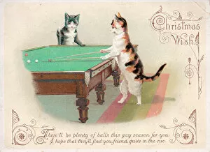 Anthropomorphism Gallery: Two cats playing billiards on a Christmas card