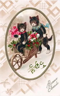 Wheelbarrow Gallery: Two cats with wheelbarrow on a French New Year postcard