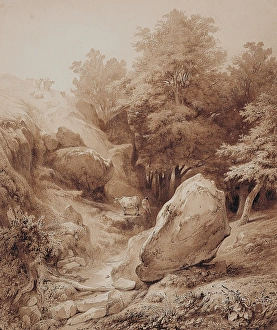 <b class=qtipBold><figcaption>Cattle by a Stream</figcaption></b><br>Cattle by a Stream. Hubert, Jean-Baptiste-Louis b.1801-after 1865. Date:<br><em>© National Museums NI / MARY EVANS</em> Cattle by a Stream