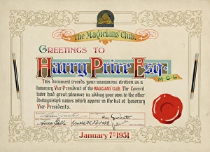 Certificate for Harry Price from the Magicians Club Certificate for Harry Price from the Magicians Club