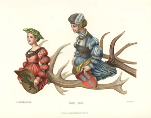 Chandelier made of deer antlers with heraldic female figures Chandelier made of deer antlers with heraldic female figures