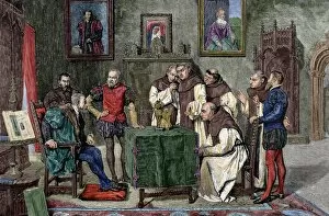 Images Dated 18th January 2013: Charles I of Spain (1500-1558) at Yuste, Engraving. Colored