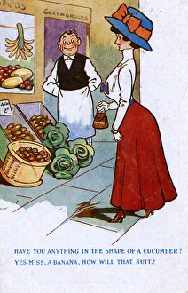 <b class=qtipBold><figcaption>The Cheeky Greengrocer's reply</figcaption></b><br>The Cheeky Greengrocer's reply: "Have you anything in the shape of a cucumber?" "Yes Miss, a Banana - How will that suit?" Date: 1919<br><em>© Mary Evans / Grenville Collins Postcard Collection</em> The Cheeky Greengrocer's reply