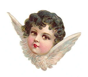 Cherub head with wings on a Victorian scrap Cherub head with wings on a Victorian scrap