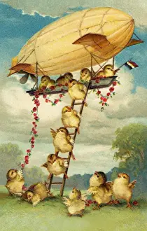 <b class=qtipBold><figcaption>Chick and Airship</figcaption></b><br>Chicks descend from an airship by ladder<br><em>© Mary Evans Picture Library</em> Chick and Airship