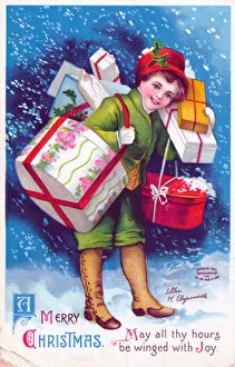 Parcel Gallery: Child carrying presents on a Christmas postcard