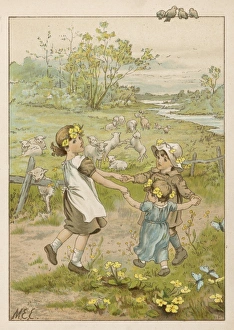 <b class=qtipBold><figcaption>Children Dancing C1880</figcaption></b><br>Three little children dance in a ring whilst holding hands, as fluffy lambs frolic in a nearby meadow.<br><em>© Mary Evans Picture Library</em> Children Dancing C1880