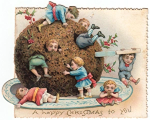 Children with large pudding on a Christmas card Children with large pudding on a Christmas card