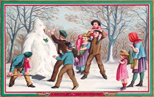 Children making a snowman on a Christmas card Children making a snowman on a Christmas card