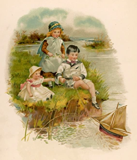 <b class=qtipBold><figcaption>Children Play with Boat</figcaption></b><br>Three children play with their toy sailing boat from the riverbank<br><em>© Mary Evans Picture Library</em> Children Play with Boat
