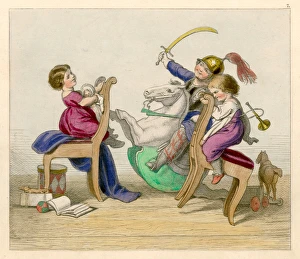 <b class=qtipBold><figcaption>Children Playing 1852</figcaption></b><br>Three children play games using rocking horses and chairs as horses.<br><em>© Mary Evans Picture Library</em> Children Playing 1852