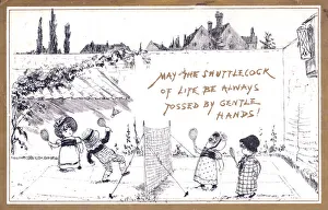 Children playing badminton on a greetings card Children playing badminton on a greetings card