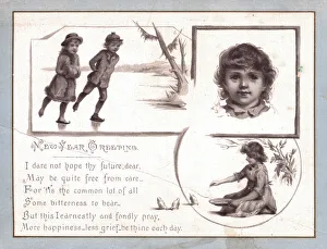 Children skating and feeding birds on a sepia New Year card Children skating and feeding birds on a sepia New Year card
