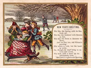 Sledding Gallery: Children skating and sledding on a New Year card