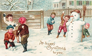 Children snowballing on a Christmas postcard Children snowballing on a Christmas postcard