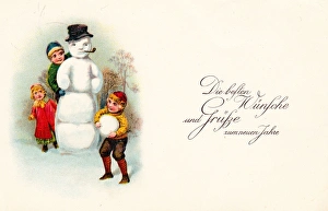 Children with snowman on a German New Year postcard Children with snowman on a German New Year postcard
