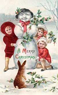 Children with snowman and rabbit on a Christmas postcard Children with snowman and rabbit on a Christmas postcard