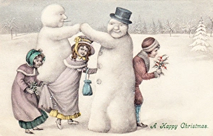 Children with snowmen on a Christmas postcard Children with snowmen on a Christmas postcard