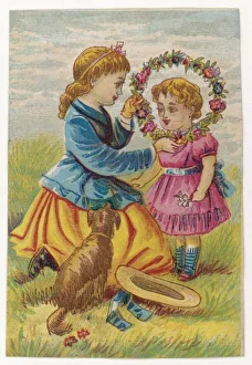 <b class=qtipBold><figcaption>Children with Wreath</figcaption></b><br>A girl has made a floral wreath for her toddler sister. The pet dog looks on as she places the wreath over the little girls' head.<br><em>© Mary Evans Picture Library</em> Children with Wreath