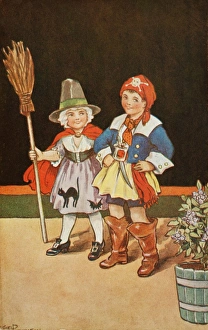 <b class=qtipBold><figcaption>Children's Carnival</figcaption></b><br>Two children dressed up for a fancy dress party. A little girl has a rather nice witch outfit with a dress appliqued with black cats and a broom, while a little boy has come as a swashbuckling pirate.<br><em>© Mary Evans/Peter & Dawn Cope Collection</em> Children's Carnival