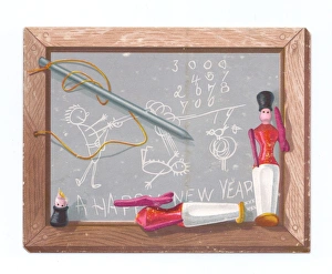 Childs slate with pen and toy soldiers on a New Year card Childs slate with pen and toy soldiers on a New Year card