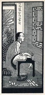 <b class=qtipBold><figcaption>China Clay - The Monk</figcaption></b><br>China Clay - The Monk. Florence Mary Anderson / Molly MacArthur (1893-1972) had two distinct styles of illustration. From the middle of the 1920s, she moved on from earlier highly-decorative fairy art to produce beautiful monotone woodcuts in a distinctly oriental style. This artwork (as seen here) was produced under the name Molly MacArthur, or F.M. MacArthur. Monk Ming-Kiang sits behind his bamboo screen listening to the sounds of the world outside invading his quiet world leaving him pondering whether he has made the correct choices in life. 1922<br><em>© The Florence Mary Anderson Collection / Mary Evans Picture Library</em> China Clay - The Monk