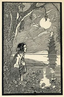 <b class=qtipBold><figcaption>China Clay - Moonrise</figcaption></b><br>China Clay - Moonrise. Florence Mary Anderson / Molly MacArthur (1893-1972) had two distinct styles of illustration. From the middle of the 1920s, she moved on from earlier highly-decorative fairy art to produce beautiful monotone woodcuts in a distinctly oriental style. This artwork (as seen here) was produced under the name Molly MacArthur, or F.M. MacArthur. 1922<br><em>© The Florence Mary Anderson Collection / Mary Evans Picture Library</em> China Clay - Moonrise