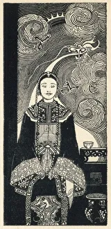 <b class=qtipBold><figcaption>China Clay - The Secret</figcaption></b><br>China Clay - The Secret. Florence Mary Anderson / Molly MacArthur (1893-1972) had two distinct styles of illustration. From the middle of the 1920s, she moved on from earlier highly-decorative fairy art to produce beautiful monotone woodcuts in a distinctly oriental style. This artwork (as seen here) was produced under the name Molly MacArthur, or F.M. MacArthur. 1922<br><em>© The Florence Mary Anderson Collection / Mary Evans Picture Library</em> China Clay - The Secret