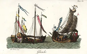 Chinese junks and freight vessels, with sails and banners Chinese junks and freight vessels, with sails and banners