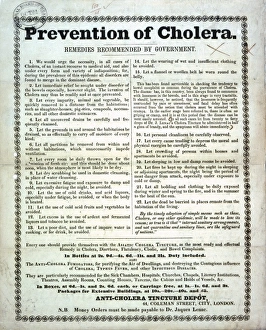 <b class=qtipBold><figcaption>Cholera Poster</figcaption></b><br>Cholera Poster, prevention of Cholera, remedies recommended by Government from the anti-Cholera tincture depot <br><em>© Mary Evans / The National Archives, London. England.</em> Cholera Poster