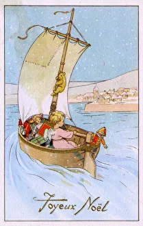 A Christmas Angel sailing into a Port Town with presents A Christmas Angel sailing into a Port Town with presents