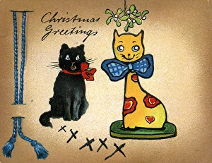 Christmas card, black cat and china cat Christmas card, black cat and china cat