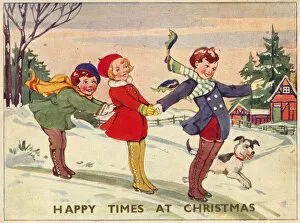 Christmas card, Three children sliding with dog