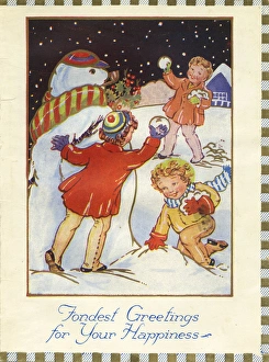 Christmas card, Children and snowman Christmas card, Children and snowman