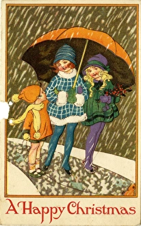 Christmas Card - children under umbrella in snow Christmas Card - children under umbrella in snow
