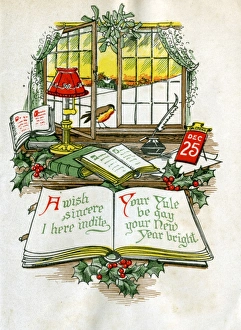 Christmas card with desk, window and robin Christmas card with desk, window and robin