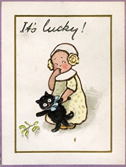 Christmas card, girl with black cat and mistletoe Christmas card, girl with black cat and mistletoe