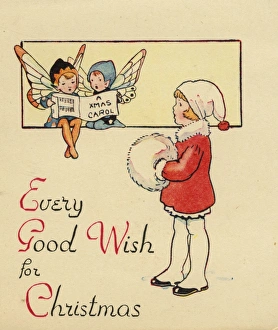 Christmas card, Girl and fairies singing carols Christmas card, Girl and fairies singing carols