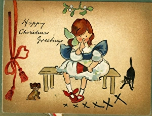 Christmas card, girl sitting under mistletoe Christmas card, girl sitting under mistletoe