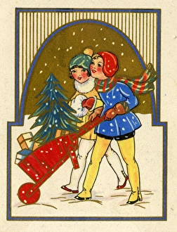 Christmas card, two girls with wheelbarrow in snow Christmas card, two girls with wheelbarrow in snow