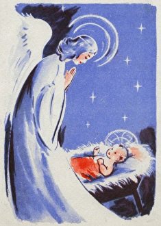 Christmas card, Nativity scene with angel and baby Christmas card, Nativity scene with angel and baby