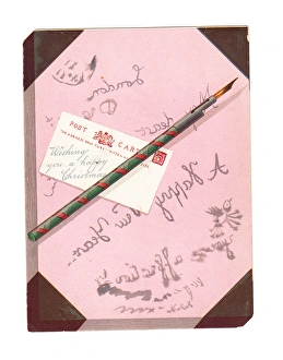 Christmas card with pink blotting paper, pen and postcard Christmas card with pink blotting paper, pen and postcard